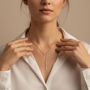 🧚🏻‍♀️ Gold Tone Lariat Necklace 20” Modern Circle & Bar Drop Minimalist Pendant